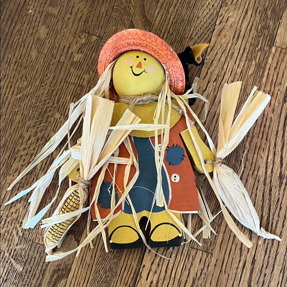 Colorful Wooden Scarecrow Decor with Straw Hat